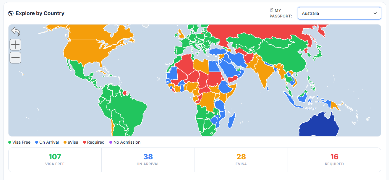 Travel Agent interactive world map coloured by visa requirements