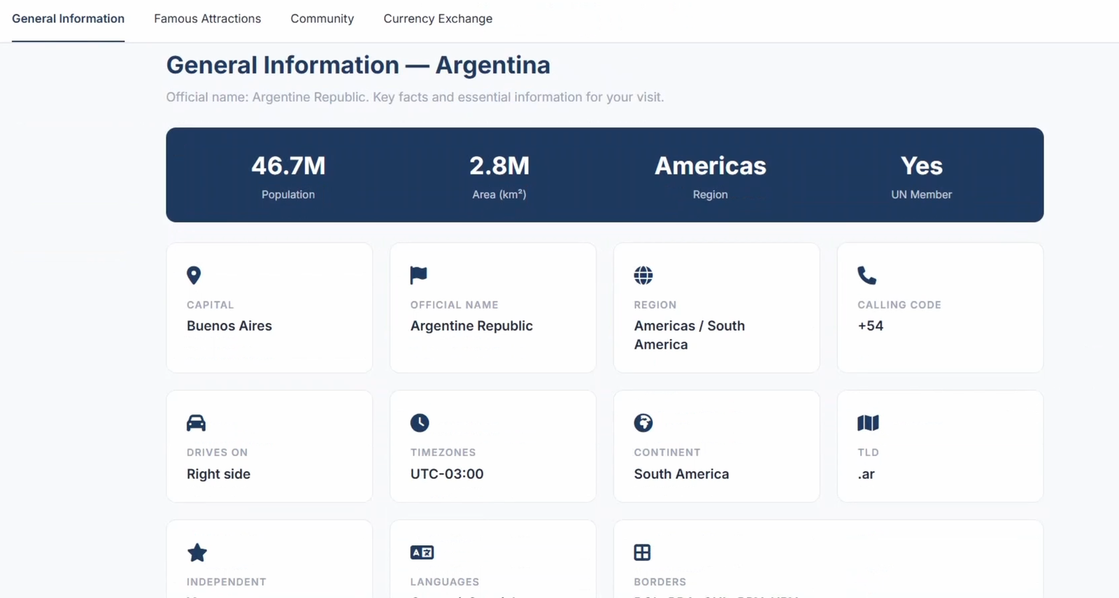 The country detail page in Travel Agent showing General Information for Argentina — population, area, region and key facts.