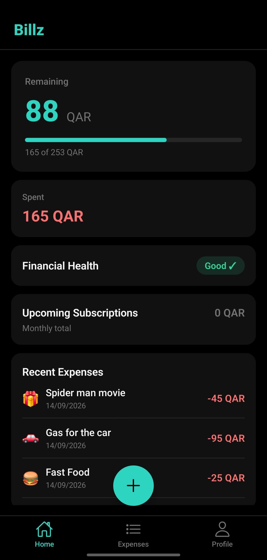 Billz personal expense tracker home screen showing budget and recent expenses