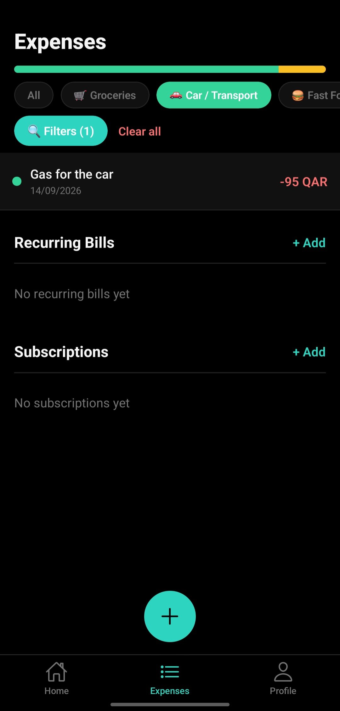 Billz expenses screen filtered by Car / Transport category showing one matching expense.