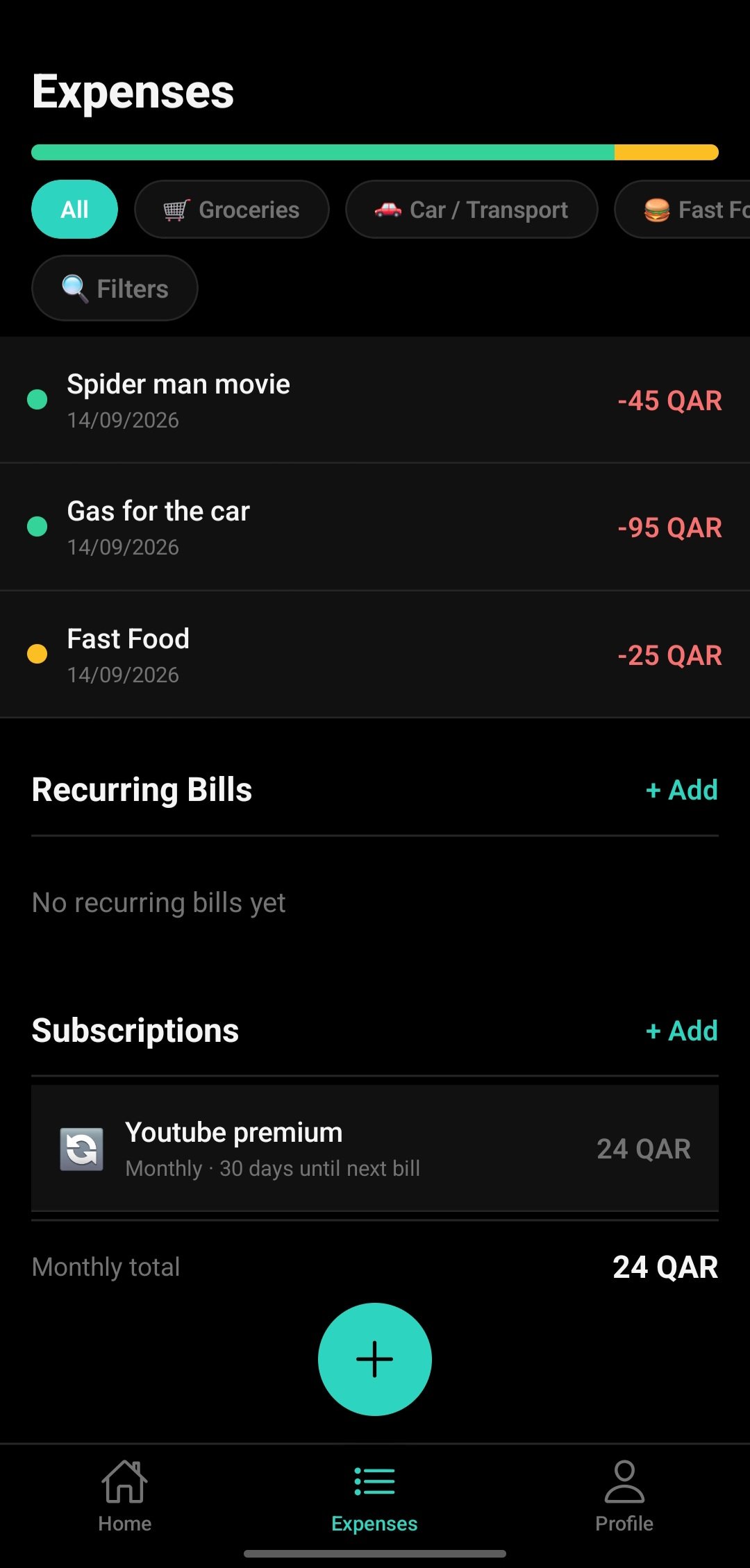 Billz expenses screen (All) showing three expenses and a YouTube Premium subscription entry.