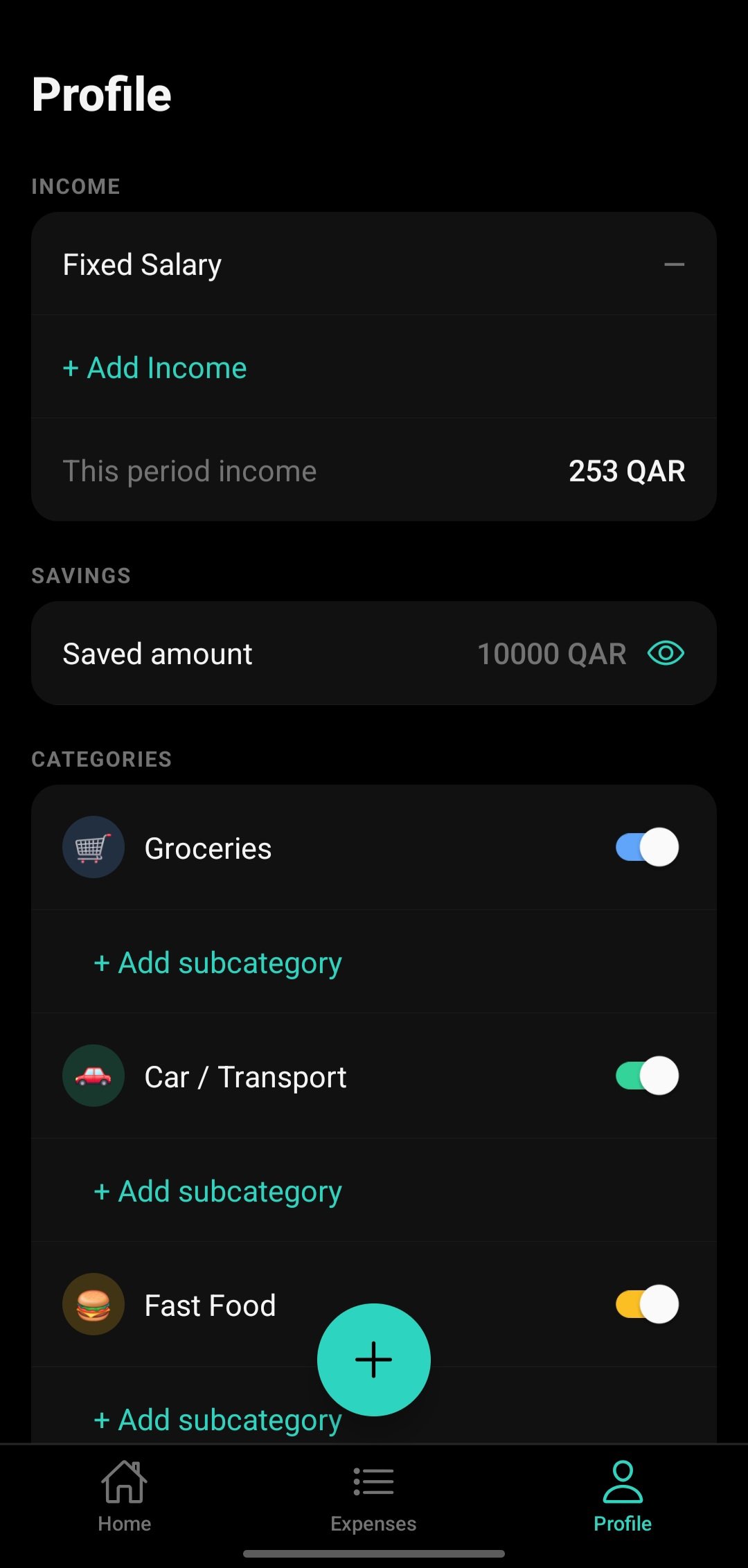 Billz profile screen showing income (Fixed Salary 253 QAR), savings (10,000 QAR) and spending categories.