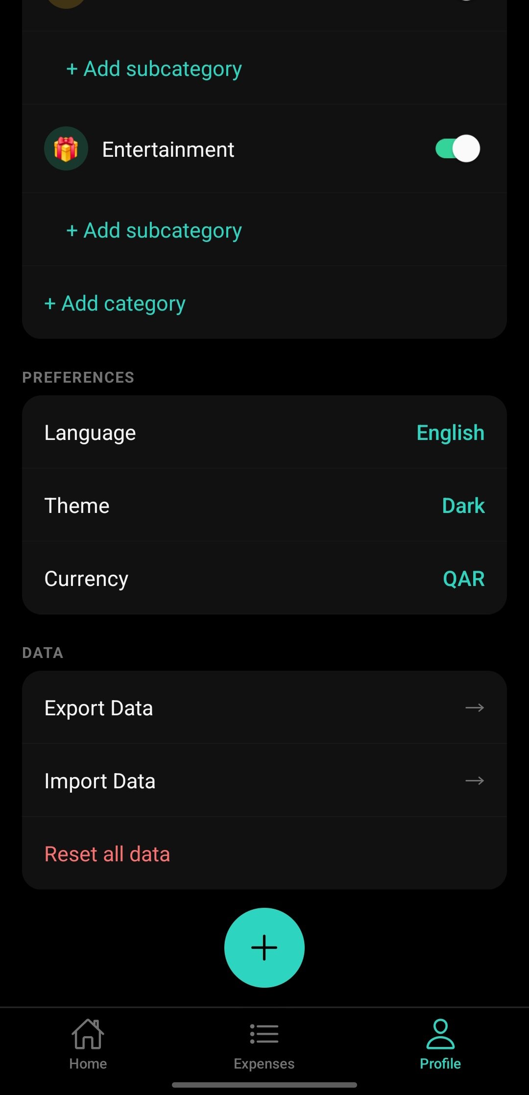 Billz profile preferences showing language, theme and currency settings, with data export and import options.